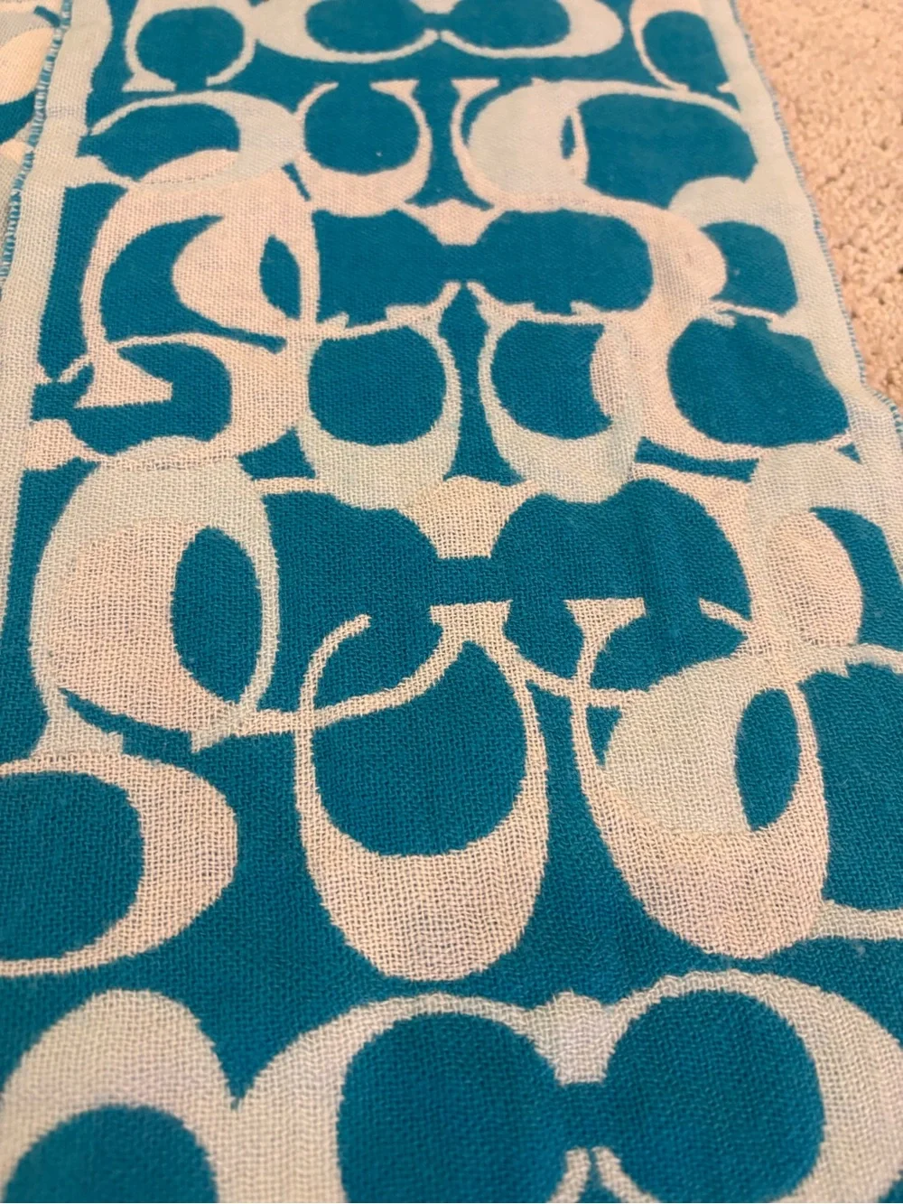 Blue Coach Signature patterned reversible scarf fringe 100% Merino Wool
